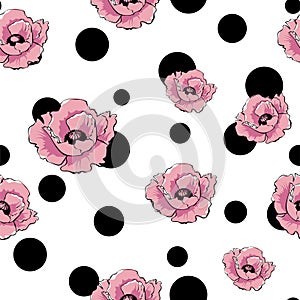 Vector pink poppy flowers and black dots. Art floral seamless pattern. Hand drawn retro texture for design, textile, wallpaper,