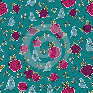 Vector Pink, and Purple Roses with Blue Birds on Green Background Seamless Repeat Pattern. Background for textiles