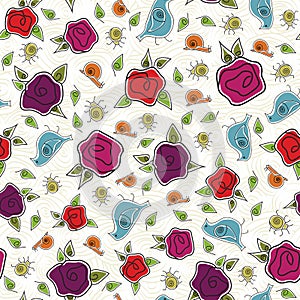 Vector Pink, Red, Purple Roses with Blue Birds, Gold Bugs and Snails on White Background Seamless Repeat Pattern