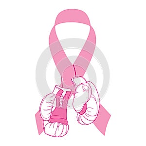 Vector pink ribbon with fighting boxing gloves isolated on white background. Design with gloves and ribbon.