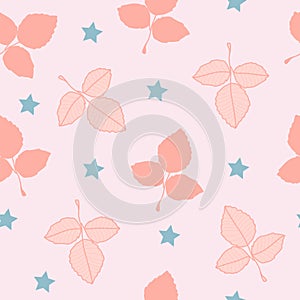 Vector pink rose leaves and blue star on white background seamless repeat pattern.