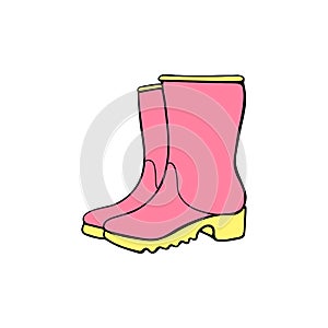 Vector pink rubber rain boots for rainy weather or gardening. Hand drawn color element of clothes, clip art