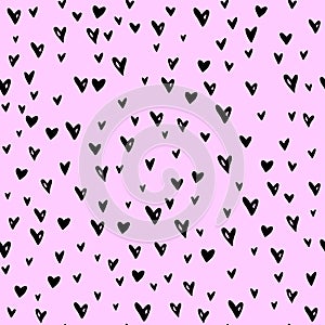Vector pink Seamless abstract pattern of small black hearts. Hand drawn doodle background, texture for Valentines day