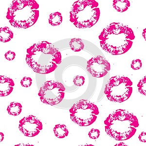 Vector pink seamless pattern background of kisses lips prints for wrapping paper, fabric, textile. Isolated