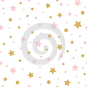 Vector pink seamless pattern decoreted gold pink stars for Christmas backgound or baby shower sweet girl design