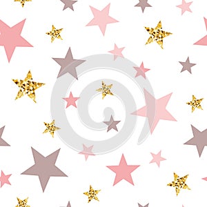 Vector pink seamless pattern gold glitter stars pink for Christmas backgound or baby shower sweet girl design