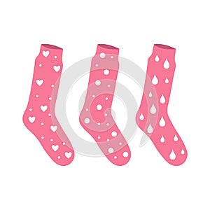 Vector pink socks with a pattern drops and bubbles hearts