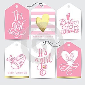 Vector pink sticker set It`s a girl. Calligraphy lettering Baby shower. element for invitation design.