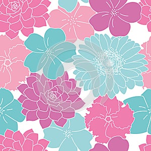 Vector pink and turquoise flowers seamless pattern white background