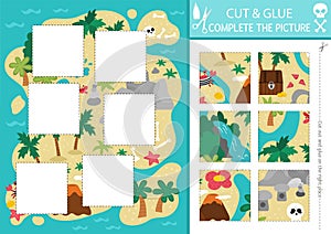 Vector pirate cut and glue activity. Crafting game with cute treasure island map. Fun sea adventures printable worksheet for