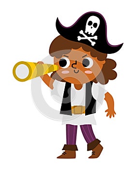 Vector pirate girl icon. Cute female sea captain illustration. Treasure island hunter with black cocked hat and spyglass. Funny