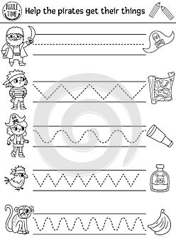 Vector pirate handwriting practice worksheet. Treasure island printable black and white activity for preschool children. Tracing