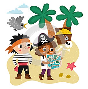 Vector pirate kids with map looking for treasure chest. Cute treasure hunt scene with children. Tropical island hunters