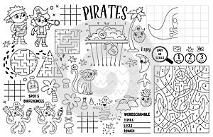 Vector pirate placemat for kids. Treasure hunt printable activity mat with maze, tic tac toe charts, connect the dots, find