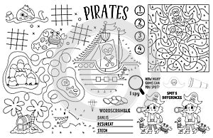 Vector pirate placemat for kids. Treasure hunt printable activity mat with maze, tic tac toe charts, connect the dots, find