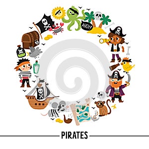Vector pirate round frame with pirates, ship and animals. Treasure island border wreath card template or marine party design for