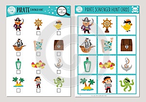 Vector pirate scavenger hunt cards set. Seek and find game with cute pirate, ship, mermaid for kids. Sea adventures or treasure