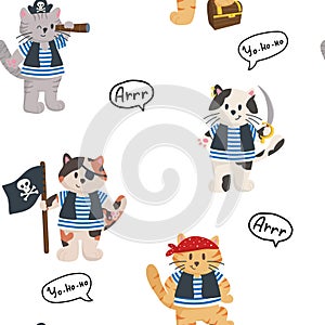 Vector pirate seamless pattern. Cute cats pirate