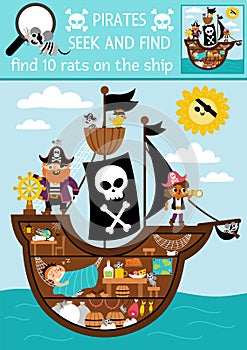 Vector pirate searching game. Spot hidden rats in the picture. Simple treasure island seek and find printable activity for kids.