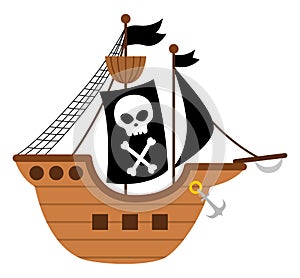 Vector pirate ship icon. Cute sea vessel illustration. Treasure island hunter boat with black sails, scull and crossed bones.