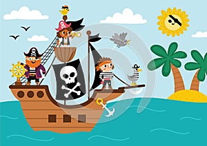 Vector pirate ship scene. Raider vessel with pirates sailing to the treasure island with palm trees. Treasure hunt illustration