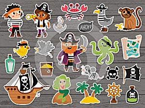 Vector pirate stickers set. Cute sea adventures patches icons collection. Treasure island illustrations with ship, chest, map,