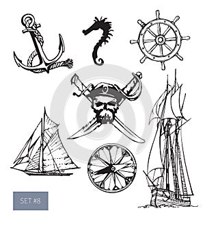 Vector pirate symbols set: jolly roger, anchore.