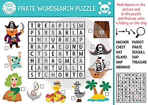 Vector pirate word search puzzle for kids. Simple treasure island word search quiz for children. Sea adventures educational