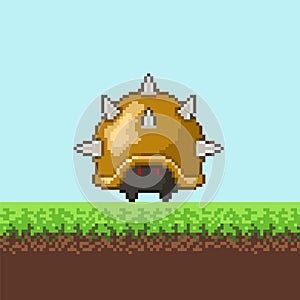 Vector pixel art  8 bit game scene with cartoon armadillo or hedgehog. Pixelart jumping armadillo or hedgehog for game.