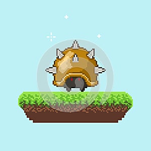 Vector pixel art  8 bit game scene with cartoon armadillo or hedgehog. Pixelart jumping armadillo or hedgehog for game.