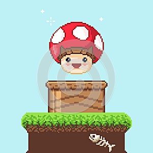 Vector pixel art  8 bit game scene with mushroom. Pixelart jumping mushroom for game.