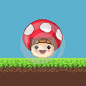 Vector pixel art  8 bit game scene with mushroom. Pixelart jumping mushroom for game.