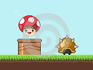 Vector pixel art  8 bit game scene with mushroom. Pixelart jumping mushroom for game.