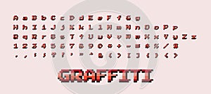 Vector pixel art 8 bit style graffiti abc alphabet capital uppercase, lowercase, numbers, special symbols letter