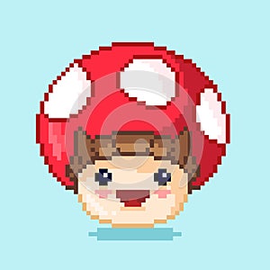 Vector pixel art  8 bit game scene with mushroom. Pixelart jumping mushroom for game. photo