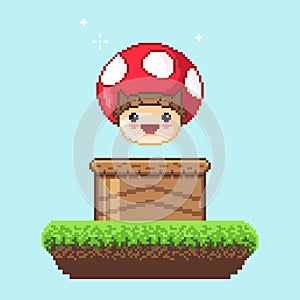 Vector pixel art  8 bit game scene with mushroom. Pixelart jumping mushroom for game. photo