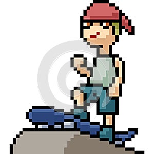 Vector pixel art boy skateboard