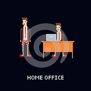 Vector pixel art character - young male worker at home, wering office suit and tie with underpants and slippers