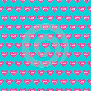 Vector pixel art green and yellow seamless pattern of minimalistic pink or red geometric heart shape with word love inside