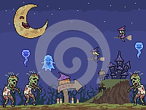 Vector pixel art halloween scene