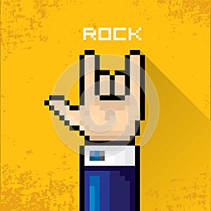 Vector pixel art hand sign rock n roll music.