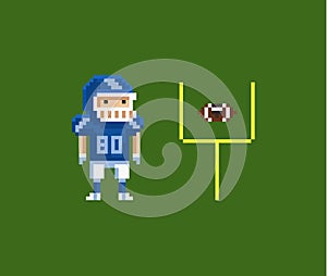 Vector pixel art illustration - American football gridiron player, oval-shaped football and goalposts photo