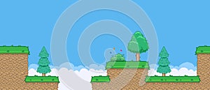 vector pixel art illustration of cartoon various trees and bush with butterflies in retro video game platformer style