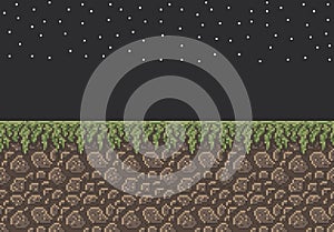 Vector pixel art illustration sprite - stone dirt with grass texture night time stars photo