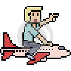 Vector pixel art man plane travel