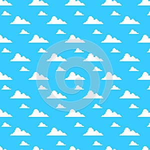 Vector pixel art multicolor endless cartoon pattern of blue sky with white clouds. seamless pattern of white clouds on a bl