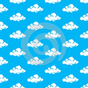 Vector pixel art seamless pattern of cartoon drawing of white clouds on blue background