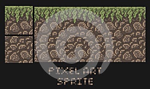 Vector pixel art texture of stone dirt land with grass platformer sprite