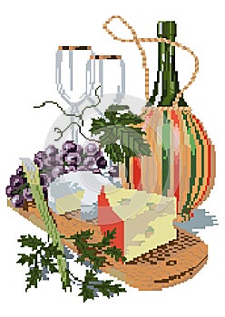 Vector pixel art. Vector illustration with cheese, wine, grapes. Kitchen interior