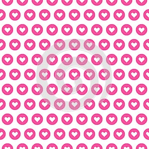 Vector pixel art yellow seamless pattern of minimalistic geometric round icon of pink with white heart inside